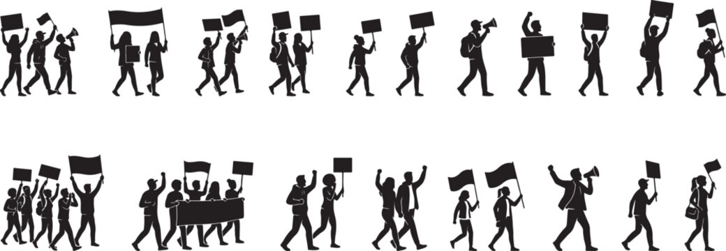 Set of Activist Crowd Silhouettes Marching on Strike with Blank Protest Banners, Placards and Megaphones Vector isolated on Transparent