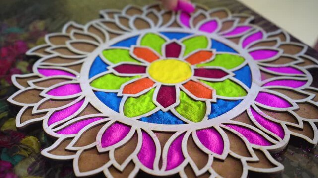 coloured powder being poured by hand into a rangoli stencil template with vibrant floral pattern on the floor showing the traditional decoration of hindu festivals like holi diwali