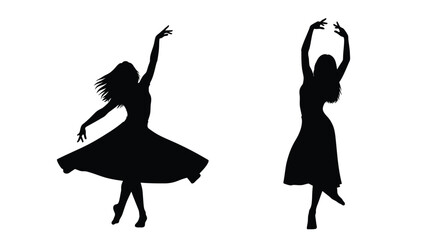 Two women dancing with flowing dresses a striking black silhouette © HN2.00