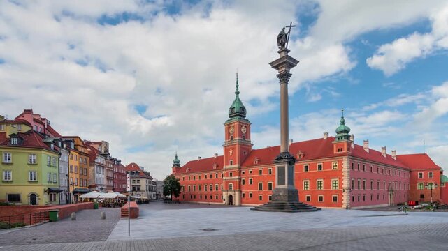 Warsaw, Poland. Plac Zamkowy square in front of The Royal Castle (static image with animated sky)