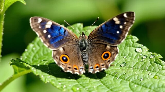 Vibrant butterfly with blue wings on green leaf with dewdrops