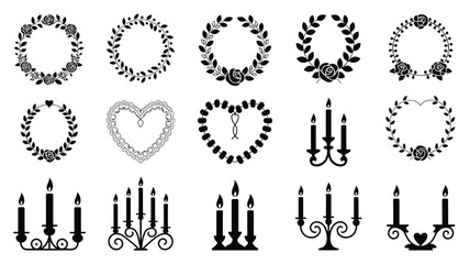 Fototapeta premium Vector illustration of black and white floral wreaths heart shapes and candelabras for design