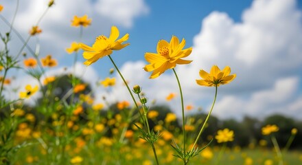 Vibrant yellow cosmos flowers in a lush green field under a bright blue sky with fluffy white clouds on a sunny day