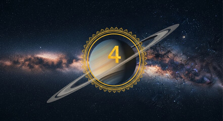 Planet Saturn with number 4 in a decorative frame against the Milky Way galaxy. © Kenet