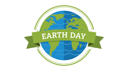 Earth Day logo with green ribbon and blue planet illustration.