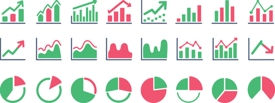 growth icon set, arrow up and down symbols, growing graph vector, business bar chart icons, ascending and descending schedule illustration, performance trend symbols, financial increase and decrease i