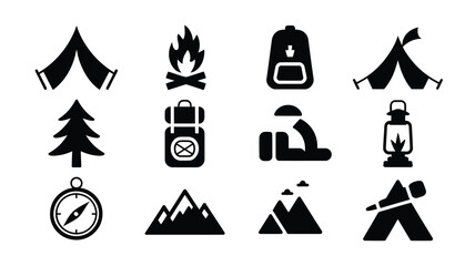 Camping and outdoor icons including tent campfire backpack and mountains in black silhouette on white background for travel and adventure themes © Somiran