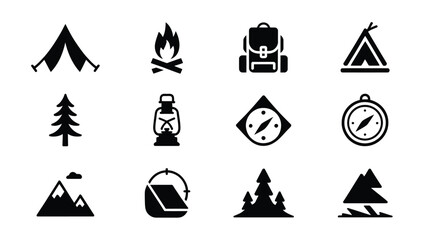 Camping and outdoor icons including tent campfire backpack compass and trees for adventure and travel themes © Somiran