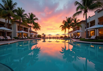 Fototapeta premium Luxury resort pool with sunset reflections.