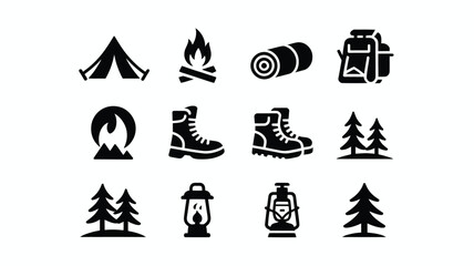 Camping icons set including tent fire hiking boots trees lantern and backpack on white background © Somiran
