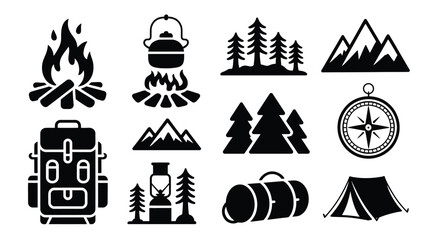 Camping icons set with mountains trees campfire tent and hiking gear black silhouette style vector graphics for outdoor adventure and travel design © Somiran