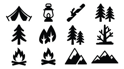 Camping icons set with tent trees campfire lantern mountains and outdoor adventure symbols in flat design style © Somiran