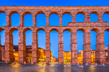 Segovia, Spain. Ancient Roman aqueduct on Plaza del Azoguejo square