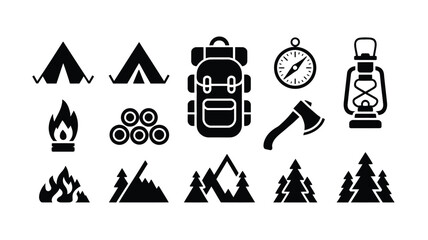 Camping icons set with mountains tent backpack fire axe lantern and trees for outdoor adventure and wilderness exploration © Somiran