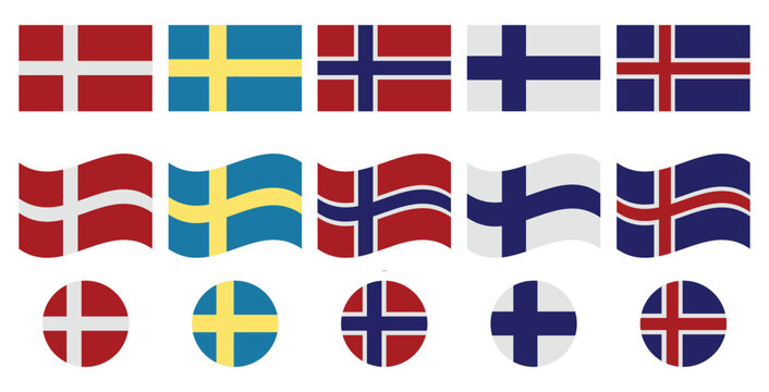 set of nordic country flag icons including denmark sweden norway finland and iceland in rectangle waving square and circle shapes with scandinavian cross design