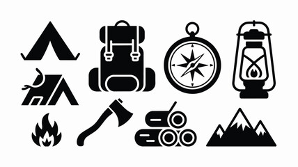 Camping icons set with mountains tent compass lantern backpack axe fire logs and peaks for outdoor adventure travel © Somiran