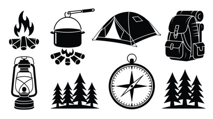 Camping icons set including tent compass backpack lantern and trees for outdoor adventure and travel designs © Somiran