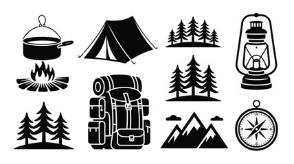 Camping icons set including tent lantern backpack compass and trees for outdoor adventure and travel © Somiran