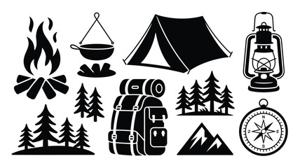 Camping icons set with tent backpack lantern and campfire tools on white background for outdoor adventure © Somiran
