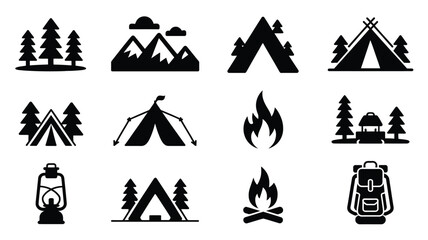 Set of camping icons including tents trees mountains campfire lantern and backpack black silhouettes on white background for outdoor and travel themes © Somiran