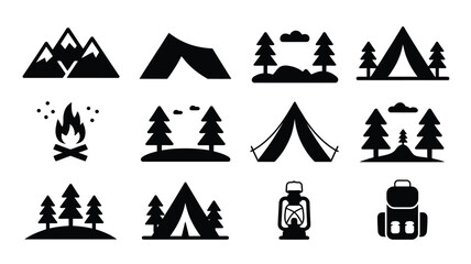 Camping icons set with tents mountains trees campfire and outdoor gear on white background for travel and adventure themes © Somiran
