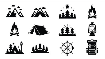 Premium camping and outdoor icons set including mountains campfire tent and more for adventure and travel themes © Somiran