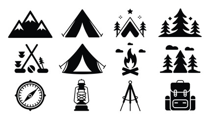 Camping and outdoor icons including tents mountains trees campfire and hiking gear on white background for adventure and travel themes © Somiran