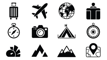 Travel and adventure icons set including luggage airplane globe gift stopwatch camera tent compass map mountains and more on white background © Somiran
