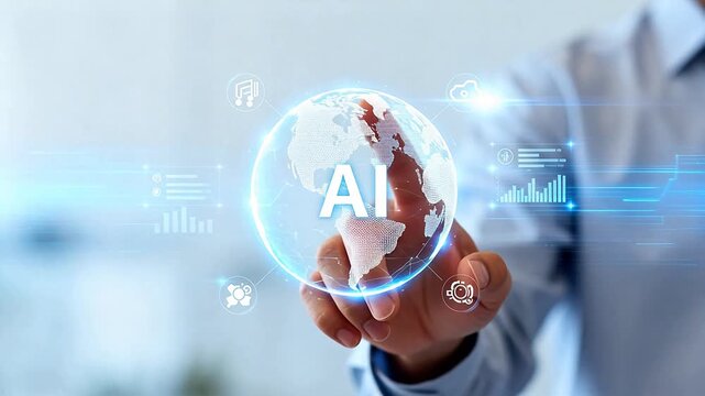 Hand interacting with AI globe interface