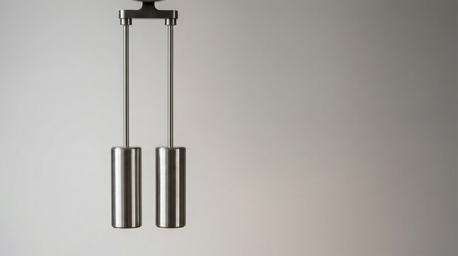 Two synchronized pendulums in stillness against a minimalist background
