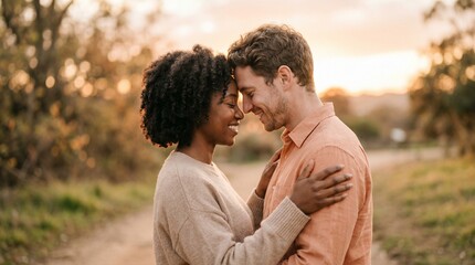 Obraz premium Interracial couple sharing a tender moment, smiling softly, against a sunset background 