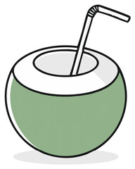 Cartoon coconut drink with straw, a refreshing tropical beverage, green and white, summer vibes, isolated, illustration, vector graphics.