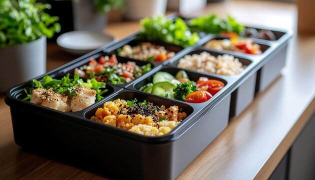 Healthy and delicious compartmentalized meal prep container filled with various colorful and nutritious food portions