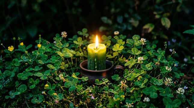 Green candle glowing among clover leaves