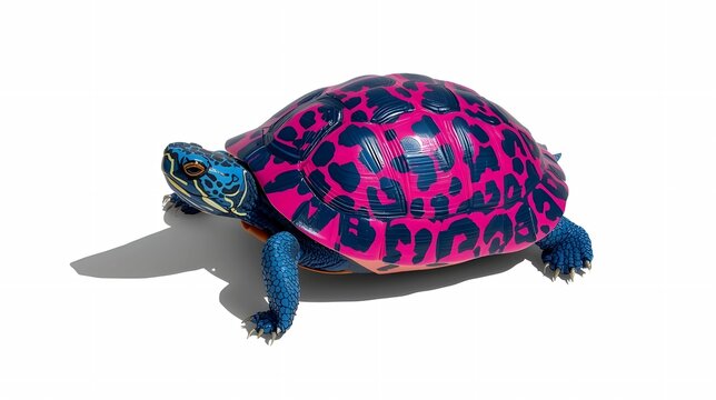 A studio-lit, hyper-realistic turtle with a vibrant blue body and a striking pink-and-navy spotted shell, isolated against a clean white background.