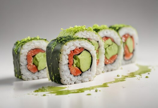 wasabi sauce splashes onto sushi rolls with vibrant neon green highlighting bold flavor isolated on white background,  neon green,  food,  Japanese cuisine