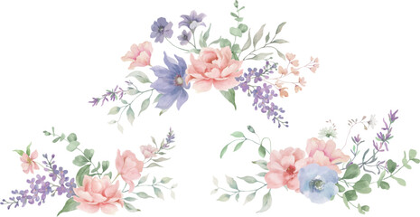 
Watercolor floral set with Blush Flowers, lavender, eucalypt leaves. Hand drawn illustration.
