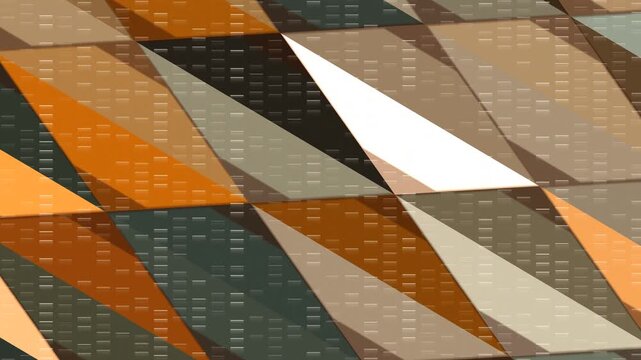 Abstract geometric pattern featuring interlocking rhombuses and parallelograms in a mosaic of orange, brown, grey, and teal with subtle dotted textures.