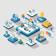 Obraz premium Isometric illustration of a business ecosystem with a central workstation connected to various data, analytics, communication, and process modules.