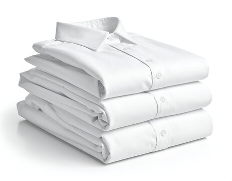 Stack of crisp, white folded dress shirts on a white background