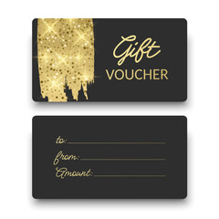 Gift voucher template with a dark gray background and shimmering gold glitter texture. Features "Gift VOUCHER" gold glitter brush stroke with bright sparkles and lens flares
