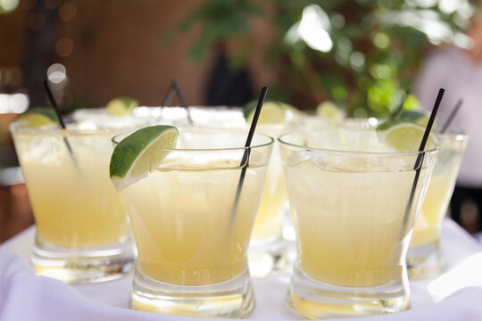 Santa Fe, New Mexico, United States. Tray of margaritas on the rocks