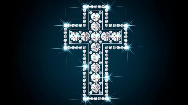 The diamond cross glows against a dark blue background. The footage shows bright reflections of light. Looping video.