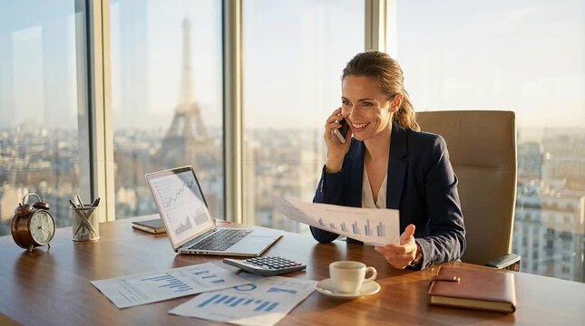 Confident Businesswoman In A Modern High-Rise Corner Office, Speaking On Her Smartphone With An Engaged Smile As She Explains An Exciting Upcoming Project, Financial Charts