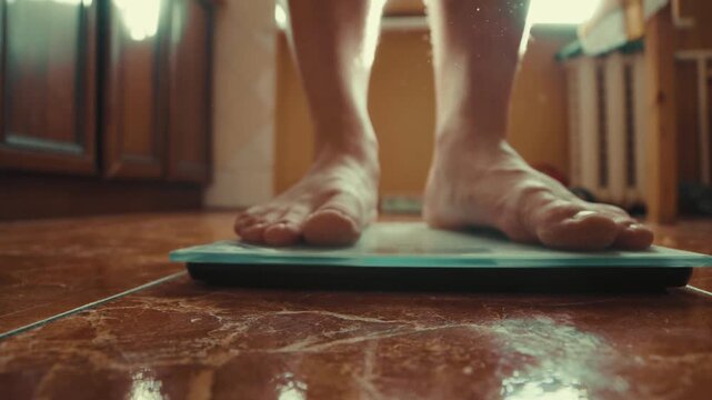 Close-up of male bare feet stepping on digital scales to check weight.