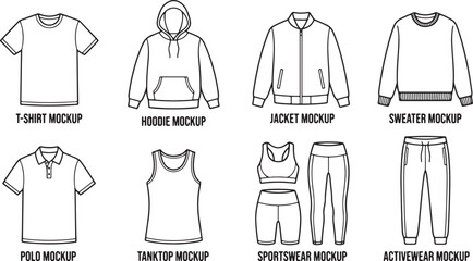 Fototapeta premium Collection of various clothing items and sportswear mockups on white background for design and branding purposes