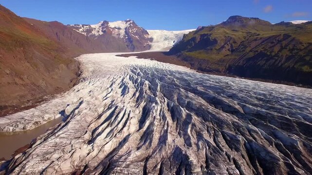 Scenic aerial footage of the massive Svinafellsjokull glacier tongue in southern Iceland