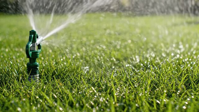 Lawn Sprinkler Watering Green Grass on Sunny Day Close Up.