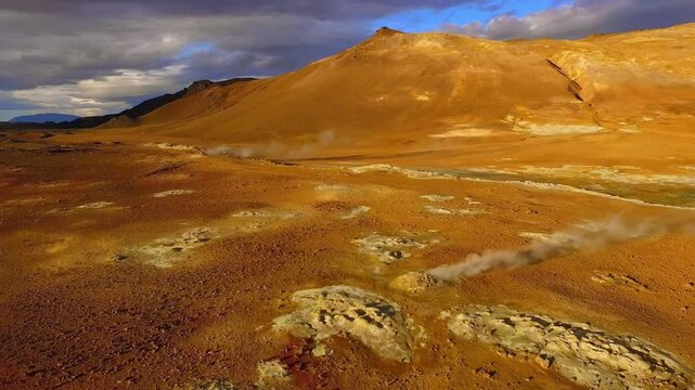 Stunning aerial view of the colorful and steaming geothermal area of Hverir, also known as Namafjall