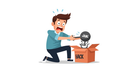 Shocked Man Reacting to 'Hack' and 'Jail' Symbols in a Box, in bright studio. © Excellent